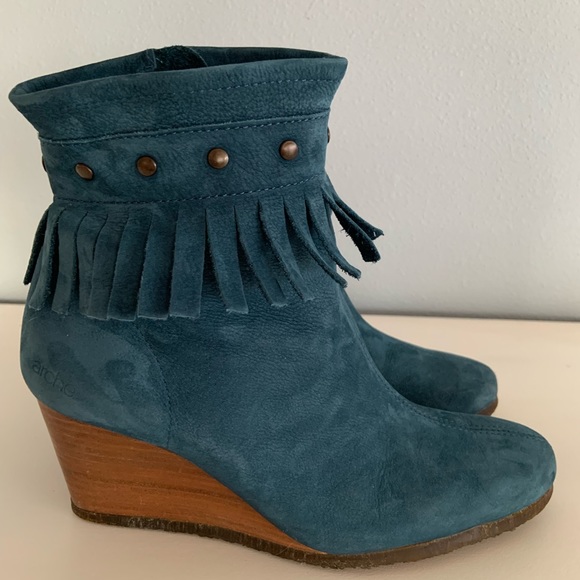 Arche Shoes - Arche • Tikhal Teal Fringe Leather Wedge Ankle Boots Size 37 / 6.5